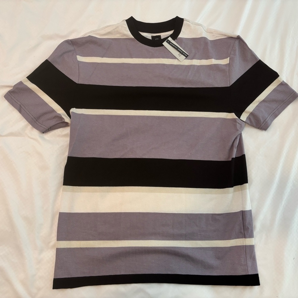 Men's Striped Oversized Short Sleeve Tee - Purple, White, and Gray